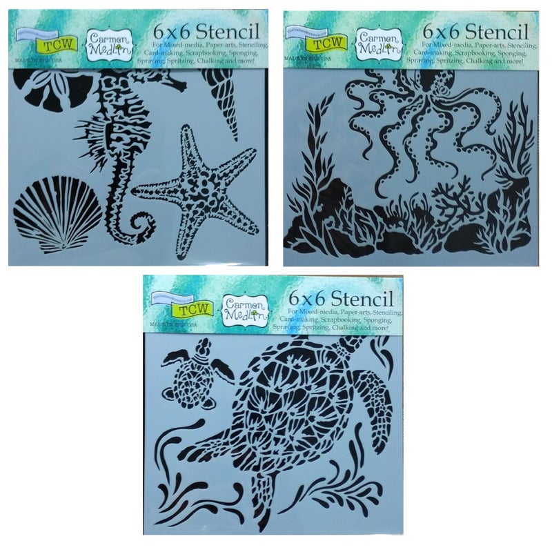 The Crafter's Workshop 3 Crafters Workshop Mixed Media Stencils Set| for Arts, Card Making, Journaling, Scrapbooking | 6 Inch x 6 Inch Templates | Sea Creatures, Octopus, Sea Turtles - Image 1